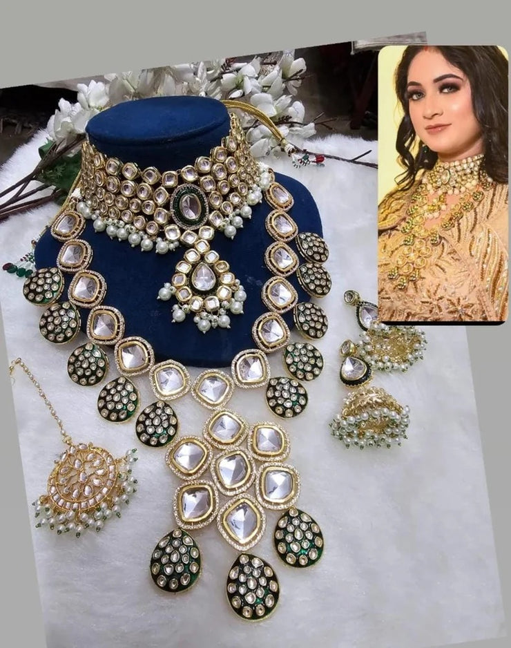 Luxurious Heavy Green Kundan Choker And Long Necklace Set