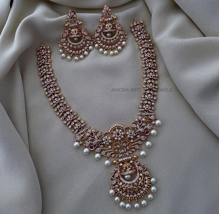 Gold Plated Necklace Beautiful Diamond Necklace Ruby CZ Jewelry Set American Diamond Pear