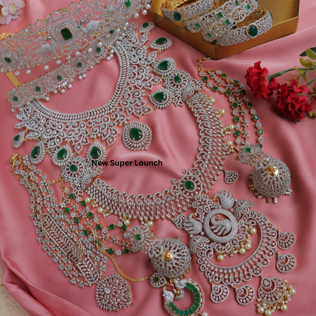 Rangoli Jewelry Combo Green Stone American Diamond Bridal sets Get Free Gift