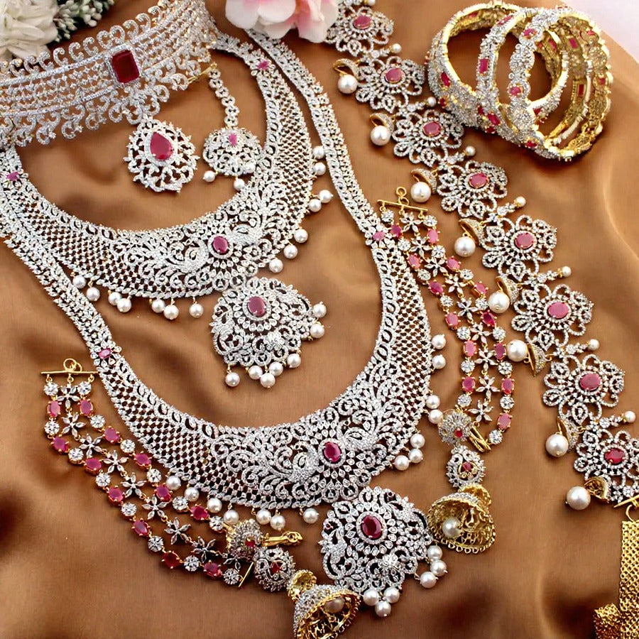 Stunning Peacock Floral AD Bridal Set with Pearls1