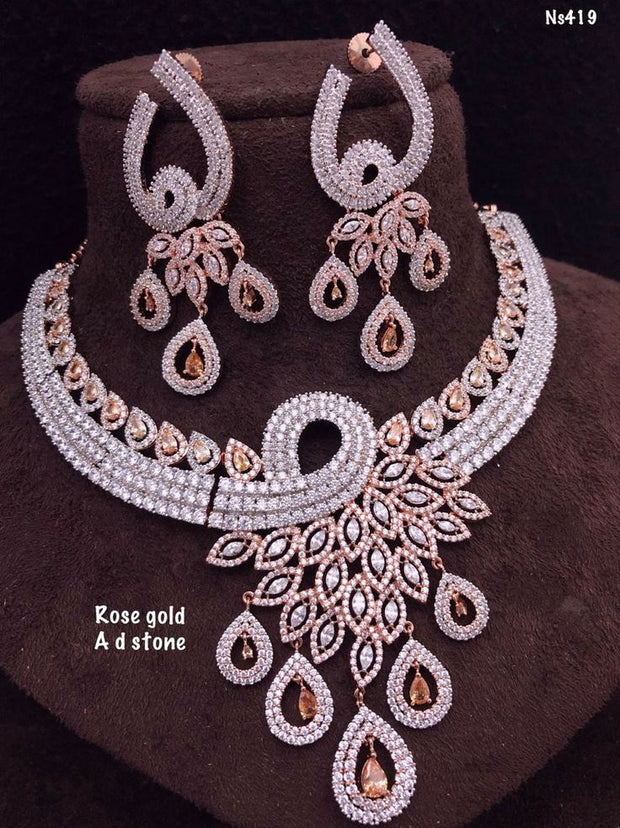 Rose Gold Diamond Stone Necklace Set