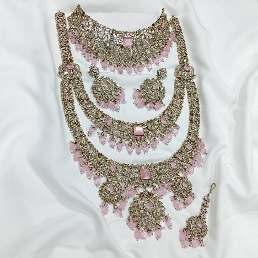 All New Elegant Victorian Finish Full Bridal Set Haram Necklace Set with Earrings- Pink