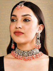 Gold Plated Handcrafted Mirror Pink Beaded Necklace Set