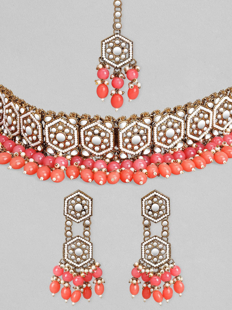 Gold Plated Handcrafted Mirror Pink Beaded Necklace Set