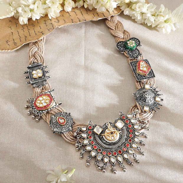 Oxidized Silver-Plated Multicolor Bold Statement Necklace with Threaded Detailing